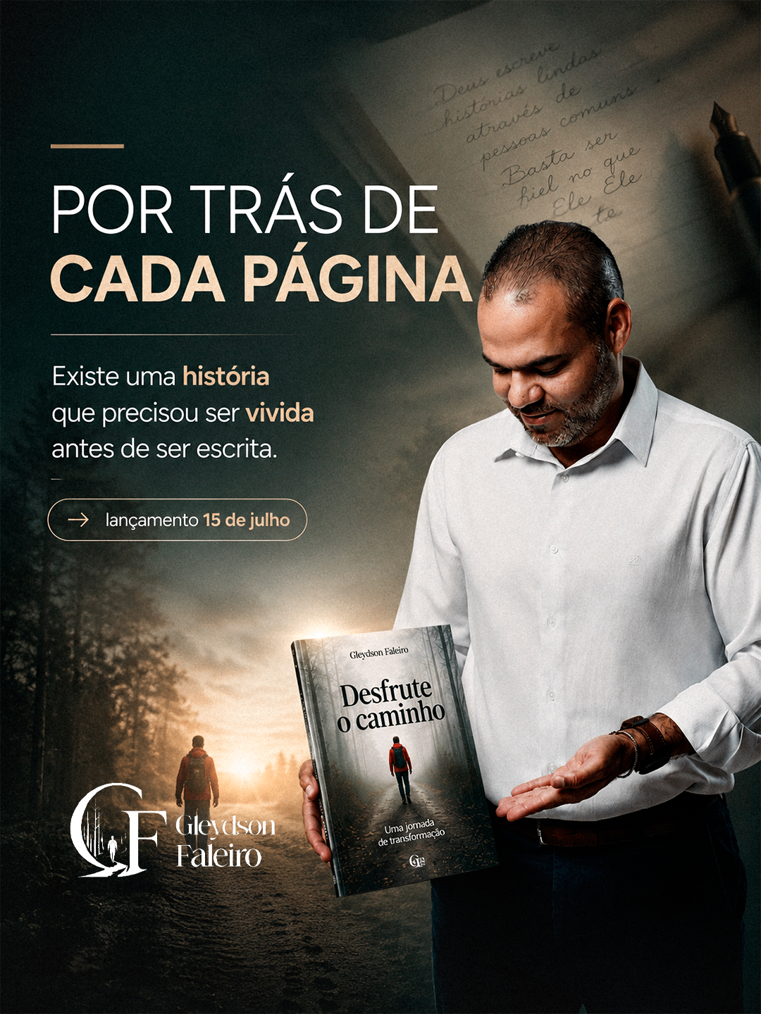 Arte com o título Por trás de cada página existe uma história que precisou ser vivida.