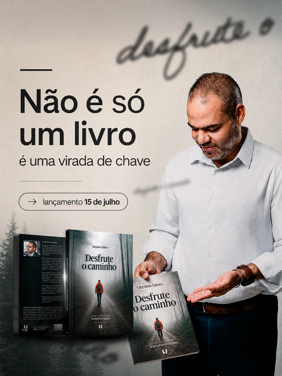 Arte promocional com Gleydson Faleiro e composições do livro aberto e fechado.