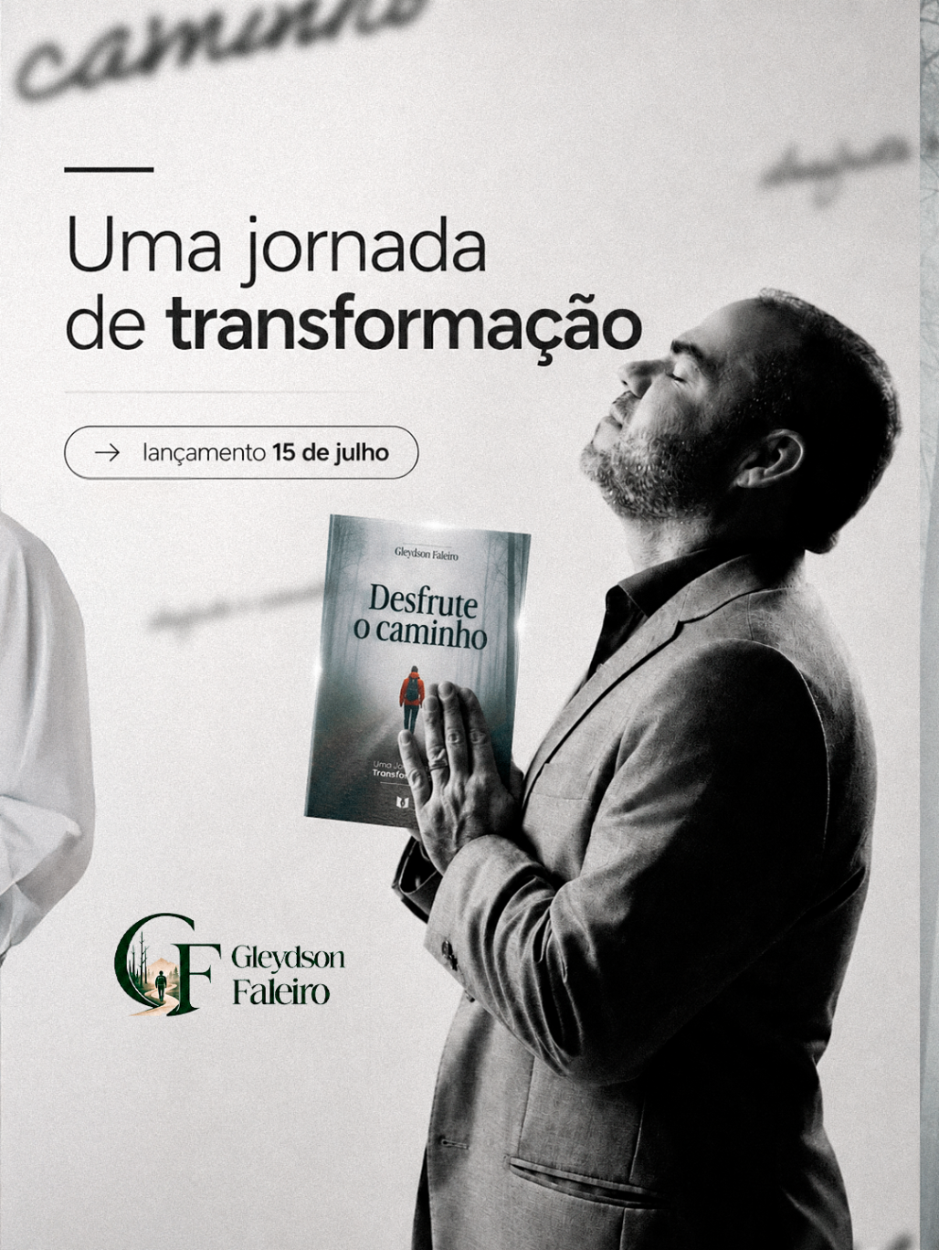 Arte promocional em preto e branco com Gleydson Faleiro segurando o livro.